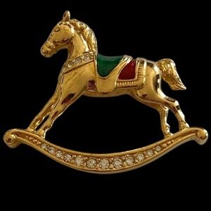 Vintage Marked Swarovski Gold Christmas Rocking Horse Brooch Pin Gold Red Green